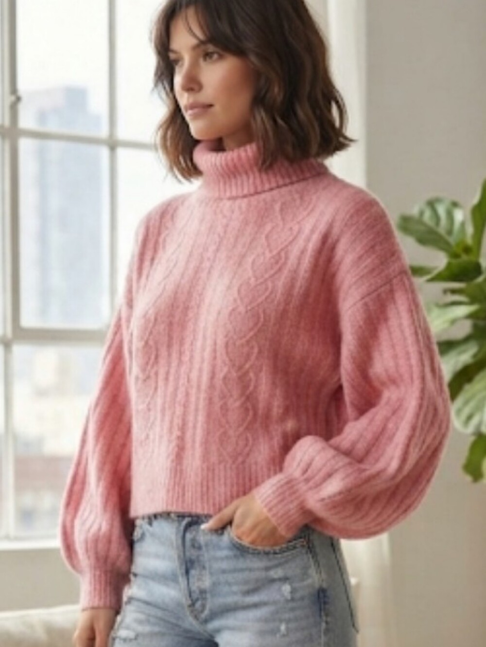 Autres Filles Heart Cable Knit Crop Chunky Turtleneck Sweater Bubblegum Pink L